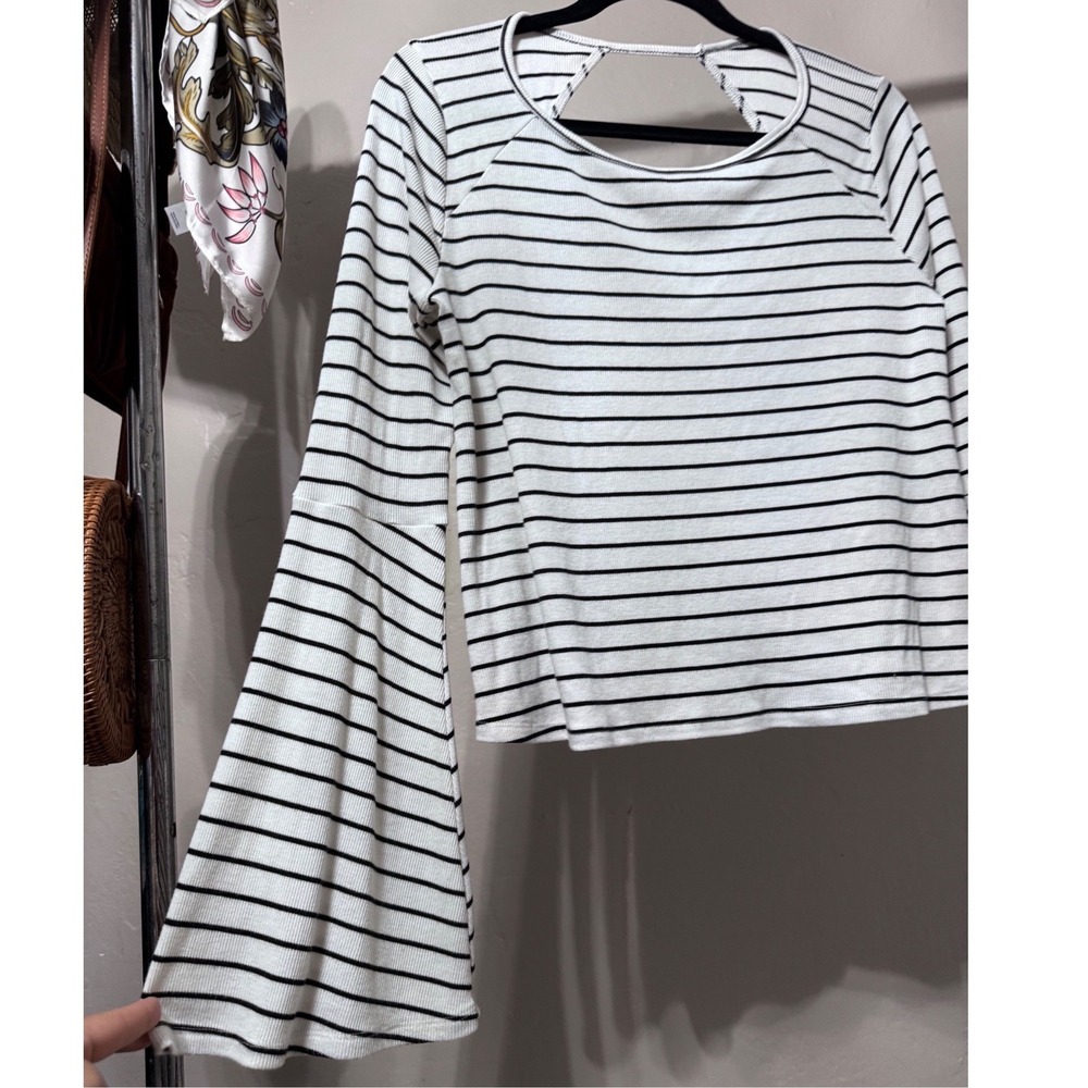 Hollister Striped Ribbed Open Back Bell Sleeve Top Y2K Boho Flare Sleeve